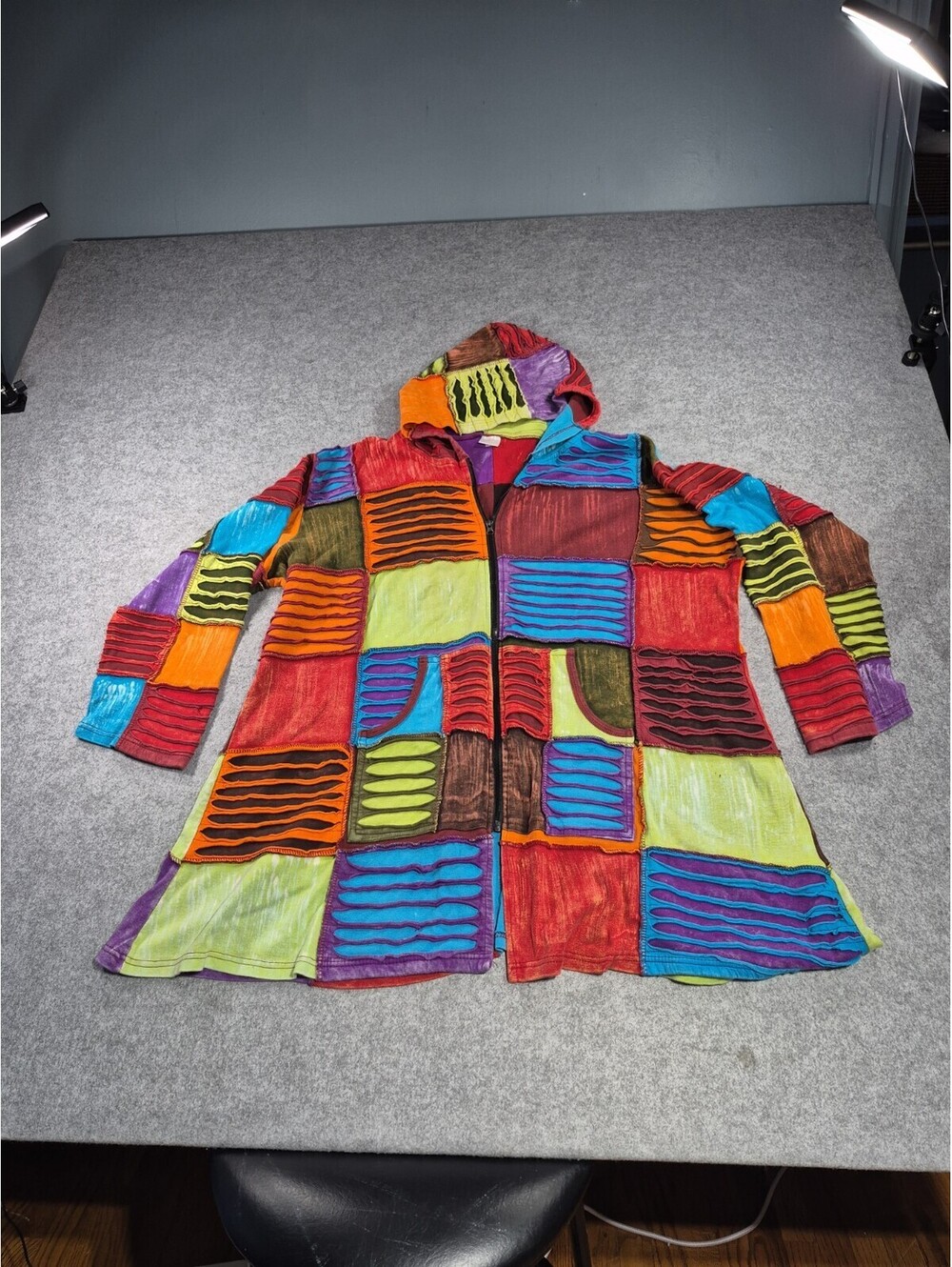 Greater Good Network Jacket Womens XXL Long Patchwork Hooded Zip Hippie Tunic